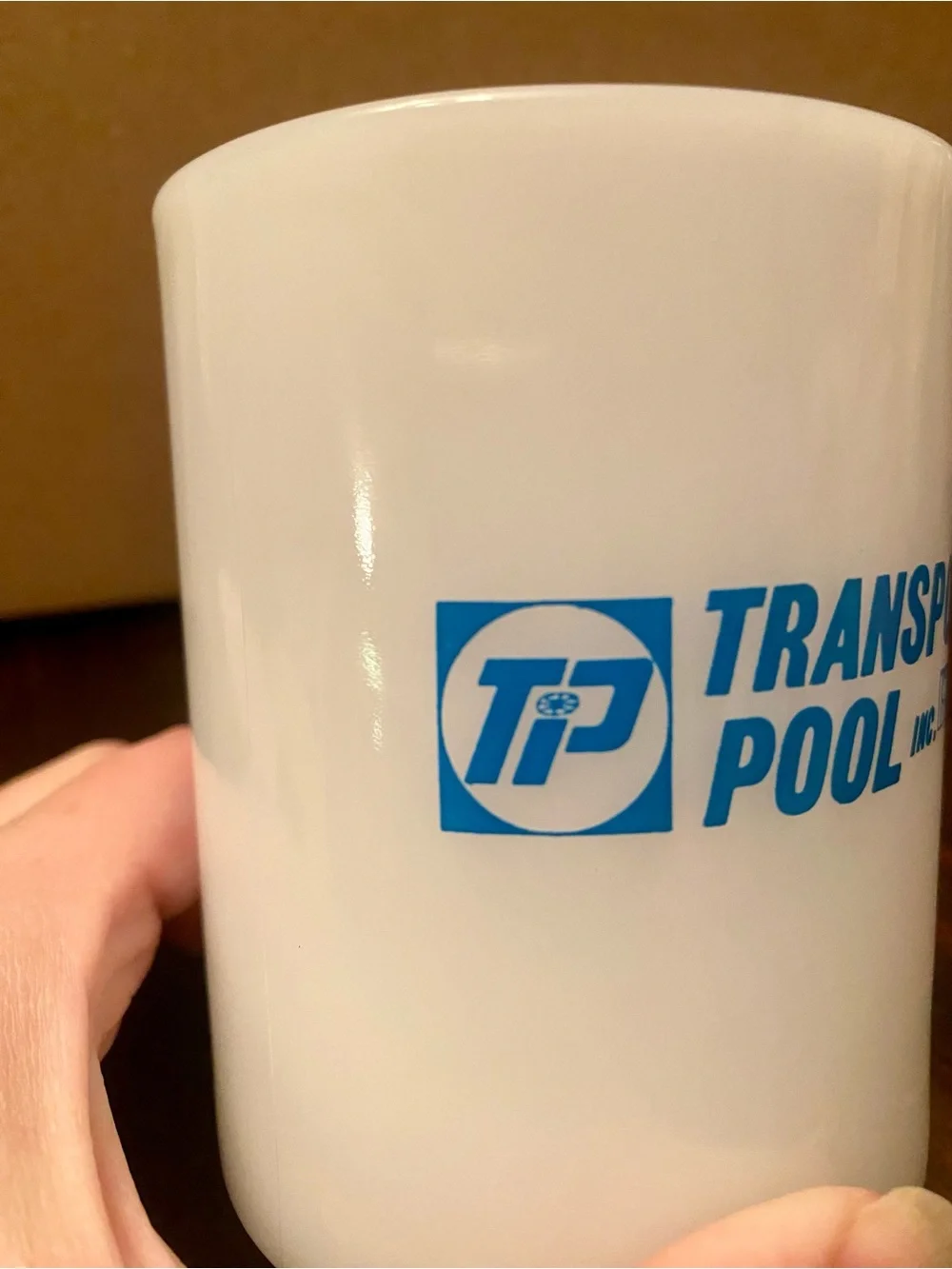 Vintage 1970s Milk Glass Mug Transport Pool Inc. Advertisement 10 oz